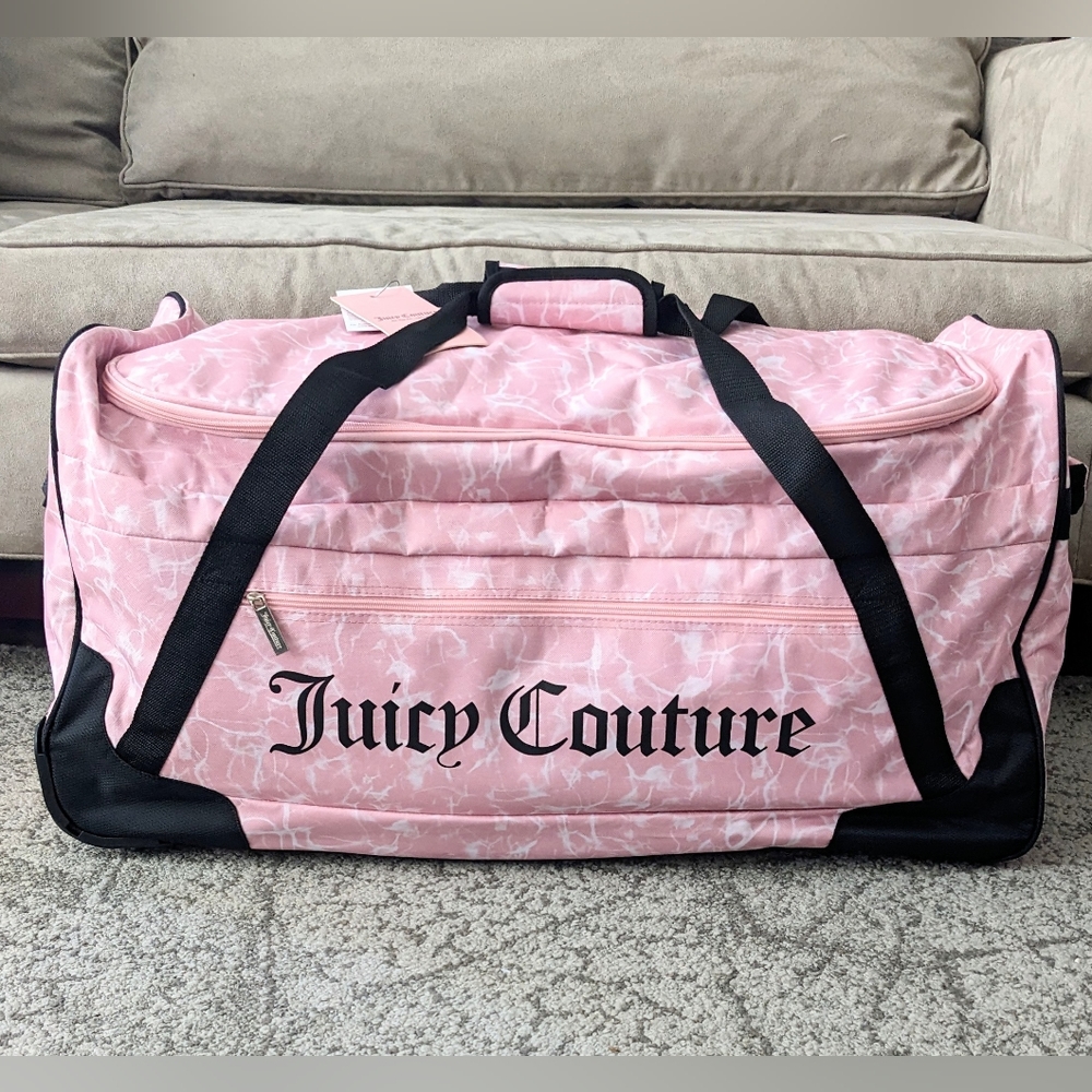 New XL Juicy Couture Pink Marble Print Jumbo Duffle Roller Bag Luggage